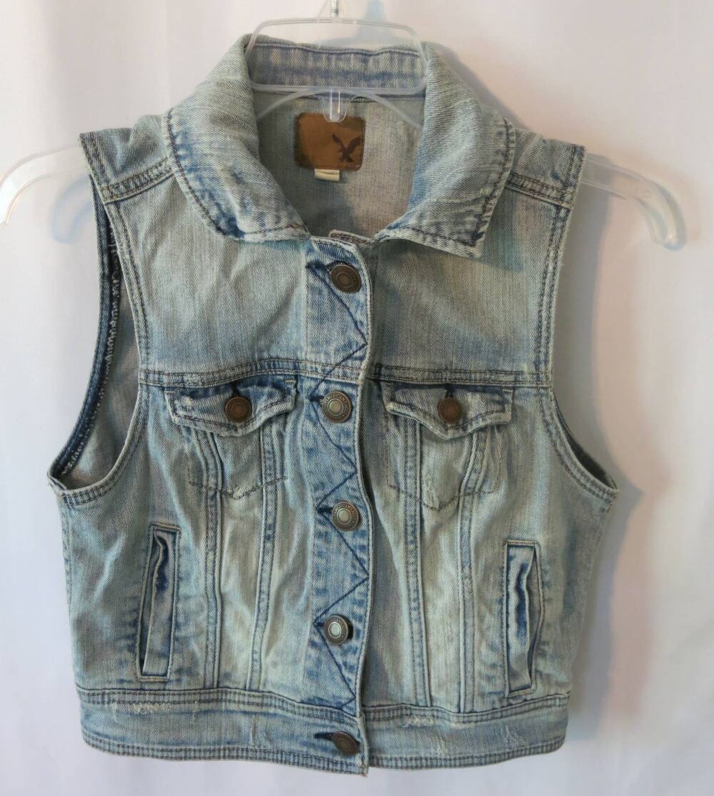 AMERICAN EAGLE Denim Jean Vest Size XS Sleeveless Distressed Blue Boho Casual